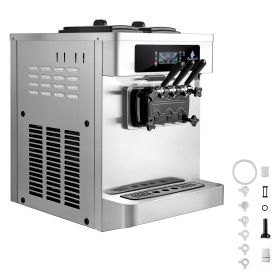 Commercial Ice Cream Machine, 20-28L/H Yield, 2200W 3-Flavor Countertop Soft Serve Ice Cream Maker with 2 x 6L Hoppers & Built-In Puffing Pump